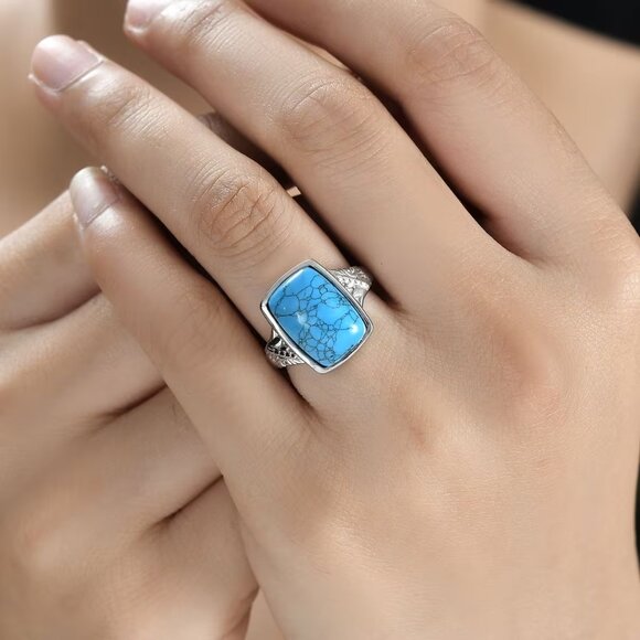 Women's Blue Howlite 5.50 ctw Solitaire Ring in Stainless Steel Size 7 - Picture 2 of 3